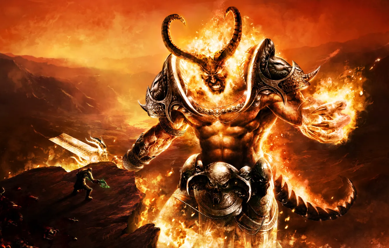 Photo wallpaper fire, sake, flame, sword, horns, armor, war, warcraft