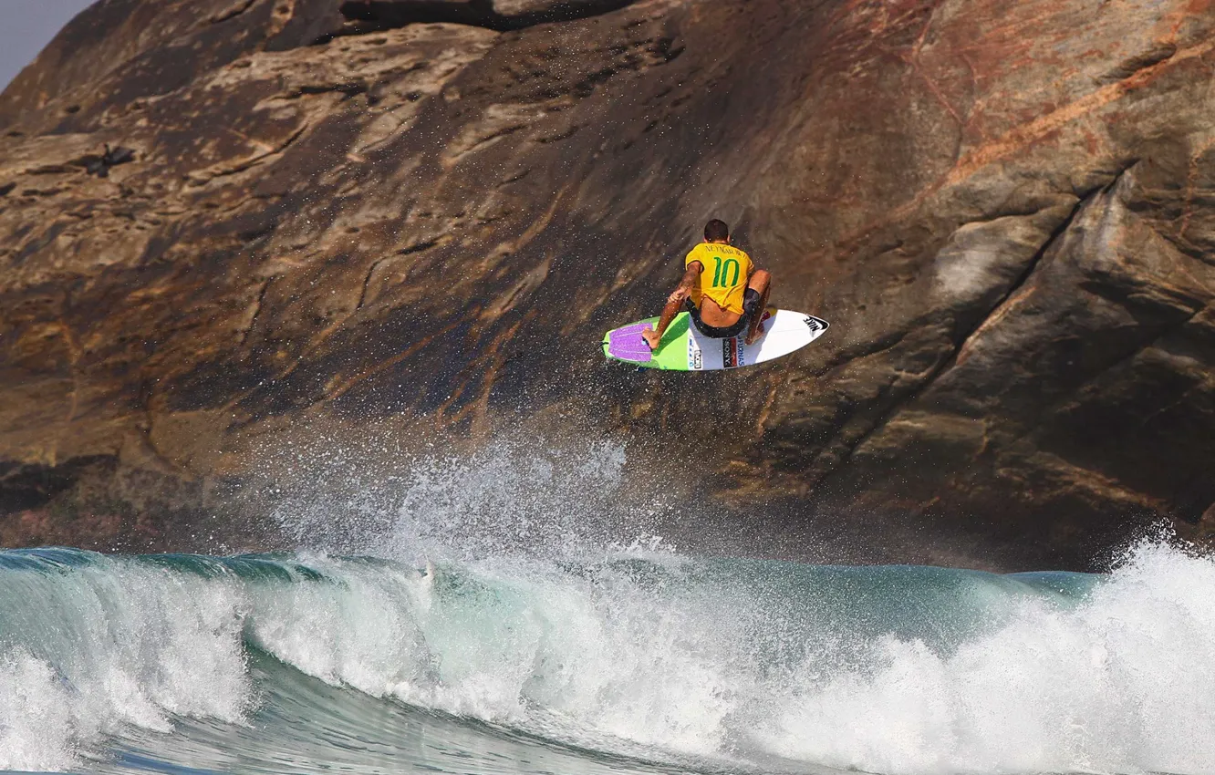 Photo wallpaper wave, flight, squirt, surfer, surfing, rock, rock, flying