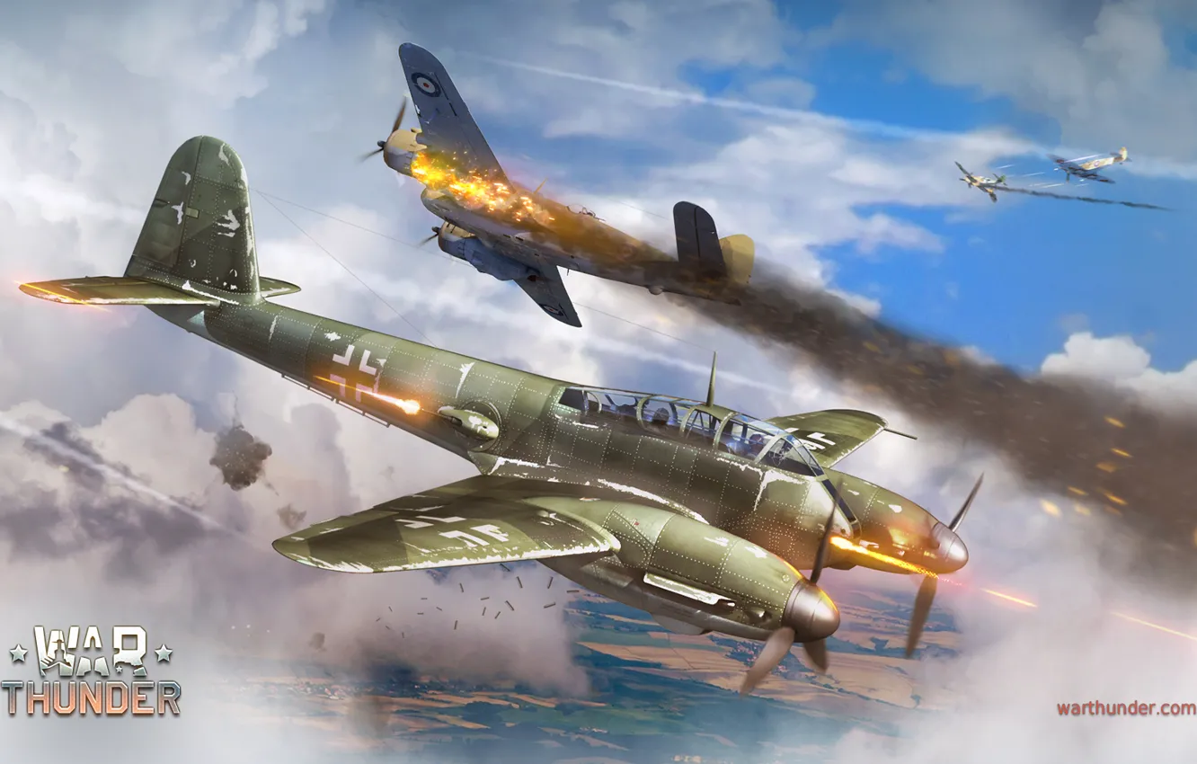 Photo wallpaper the sky, clouds, flame, war, smoke, fighter, shooting, bomber