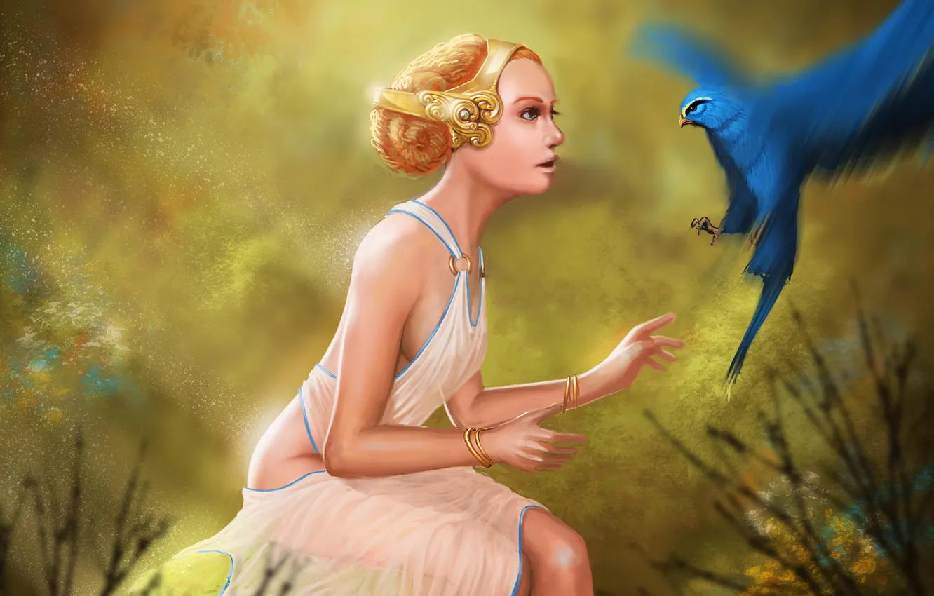 Photo wallpaper girl, decoration, bird, art, parrot, profile