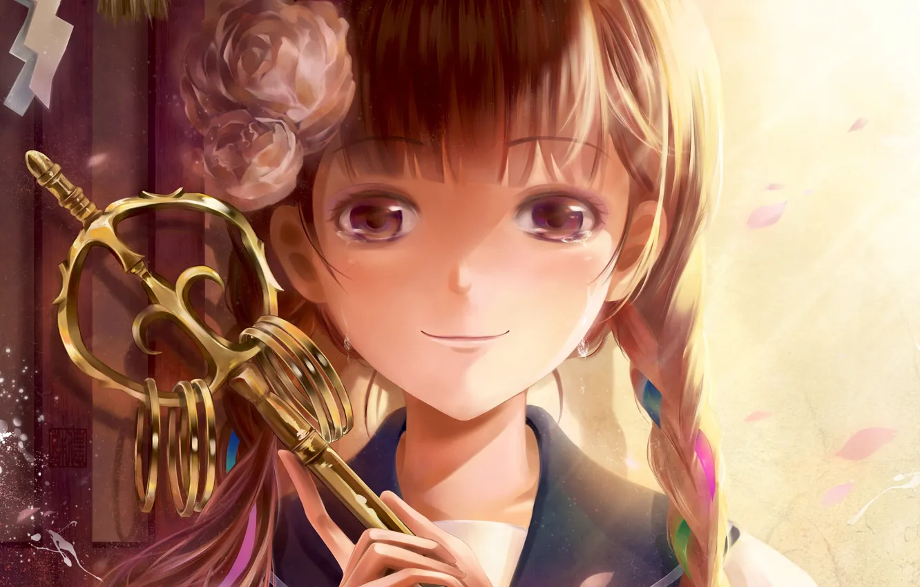 Photo wallpaper girl, flowers, roses, anime, tears, art, form, schoolgirl