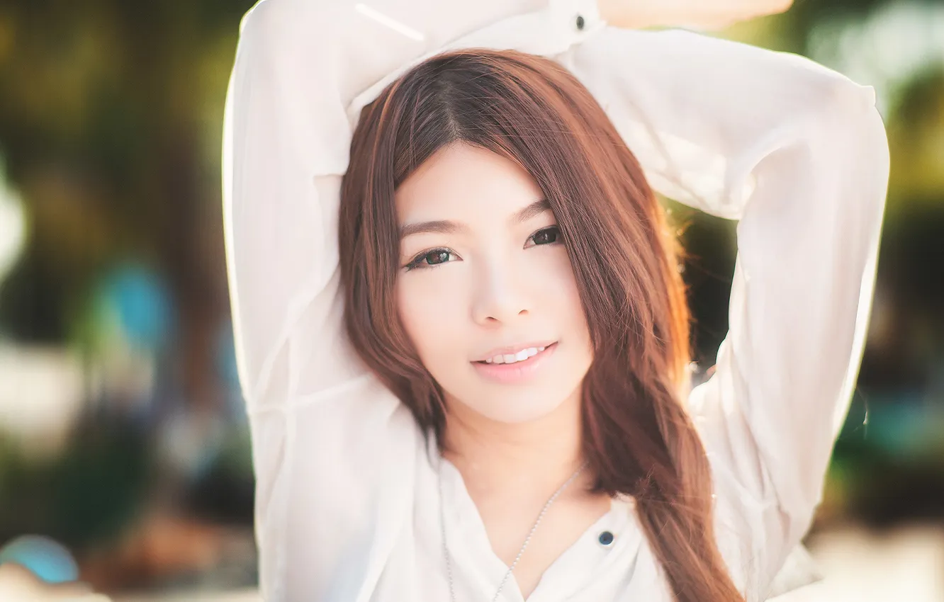 Photo wallpaper look, girl, face, background, hair