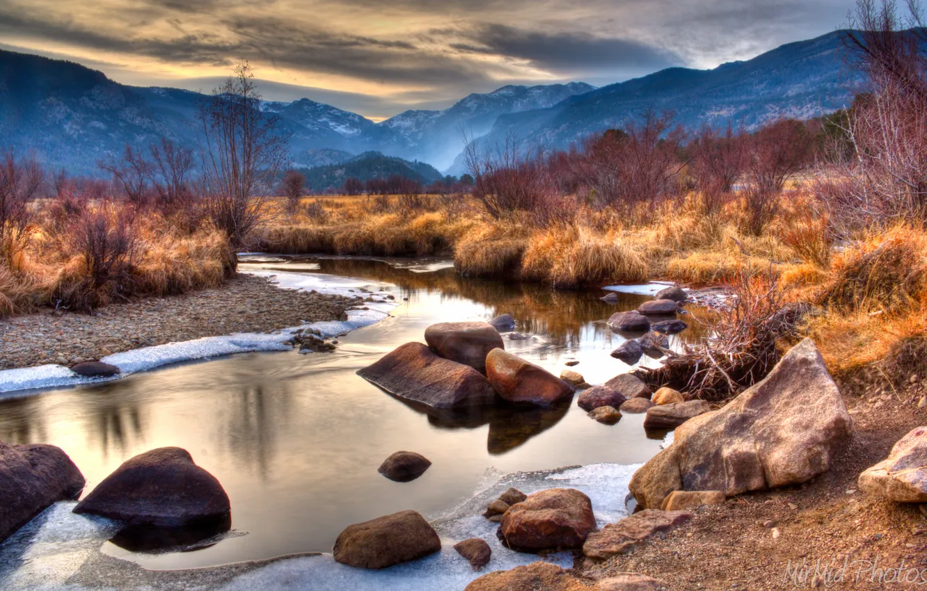 Photo wallpaper trees, mountains, river, stones, the evening