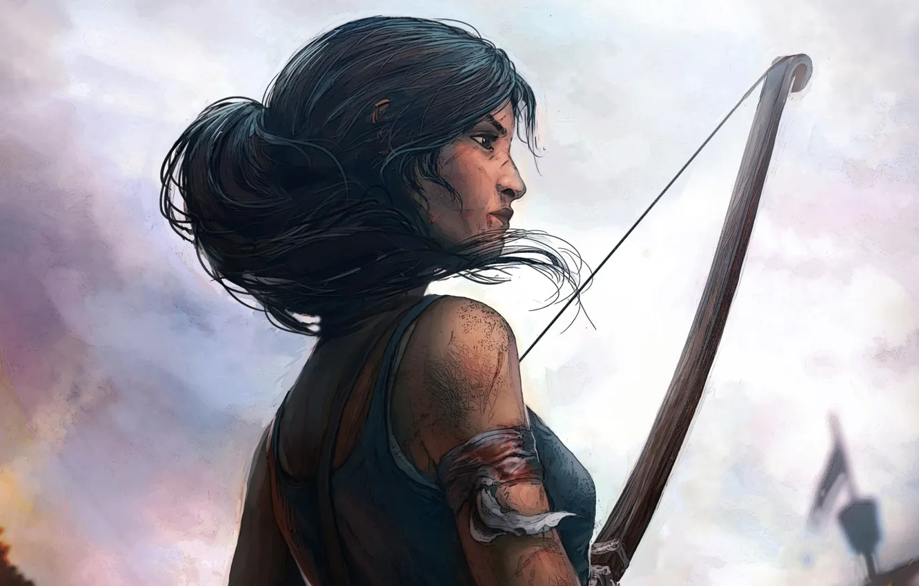 Photo wallpaper face, weapons, blood, hair, bow, dirt, art, profile