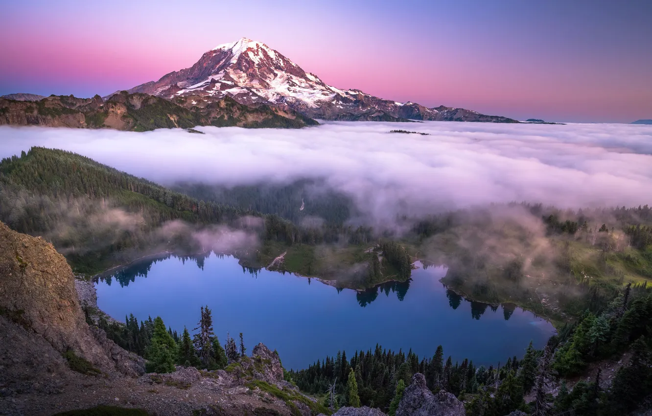 Photo wallpaper mountains, nature, fog, lake