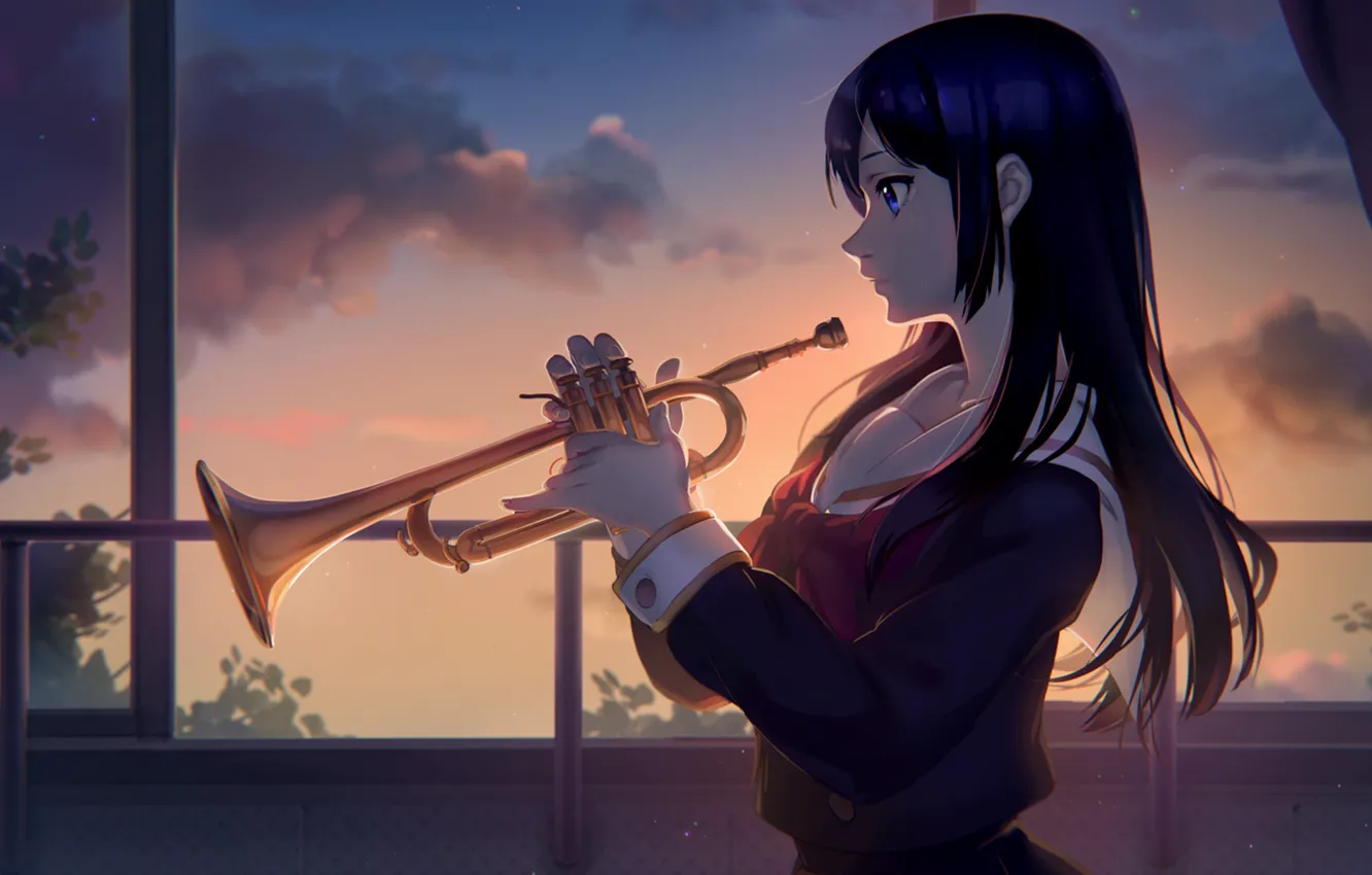 Photo wallpaper music, girl, school uniform, long hair, sunset, anime, blue eyes, evening