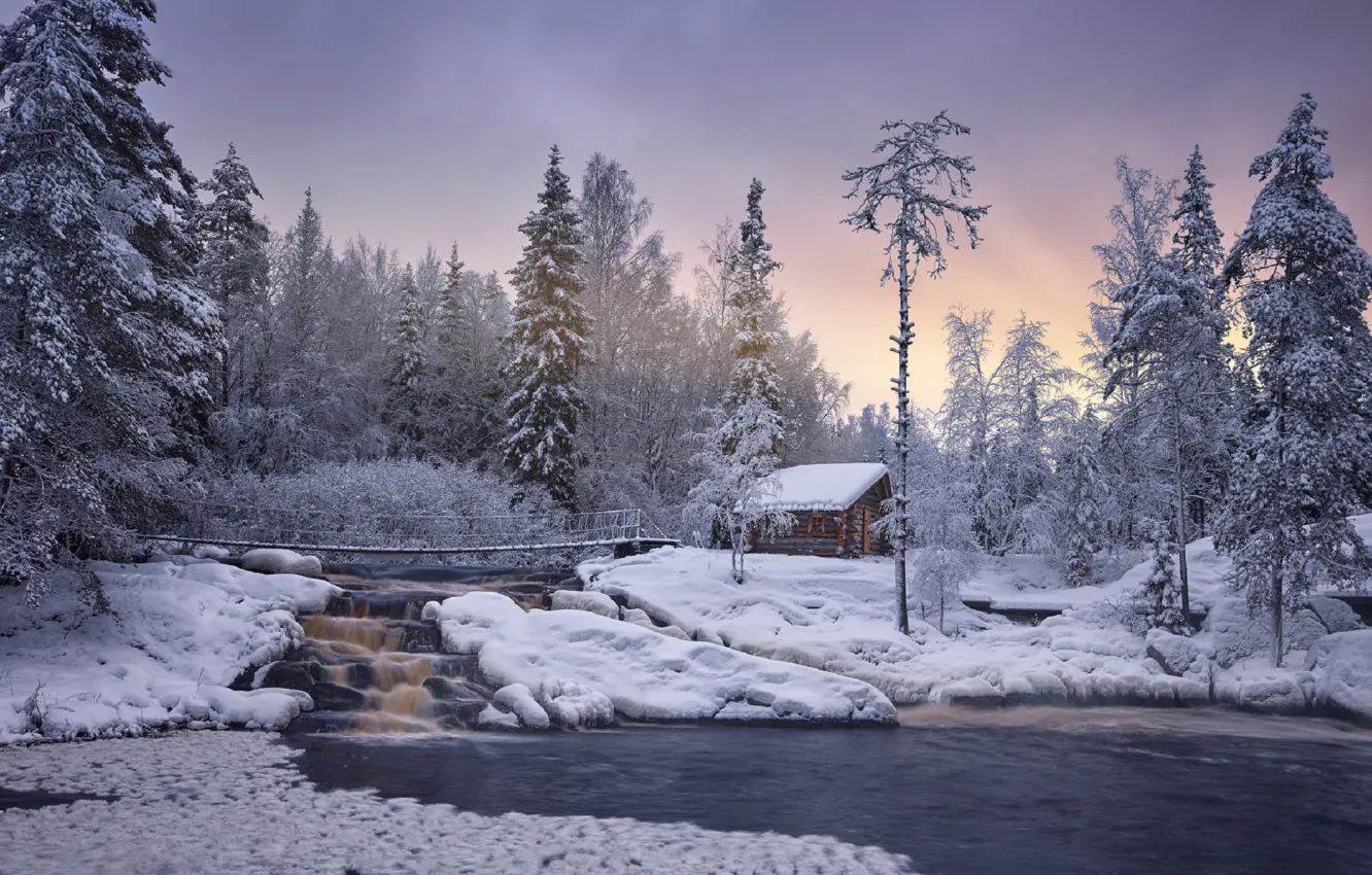 Photo wallpaper winter, snow, trees, bridge, waterfall, beauty, Karelia