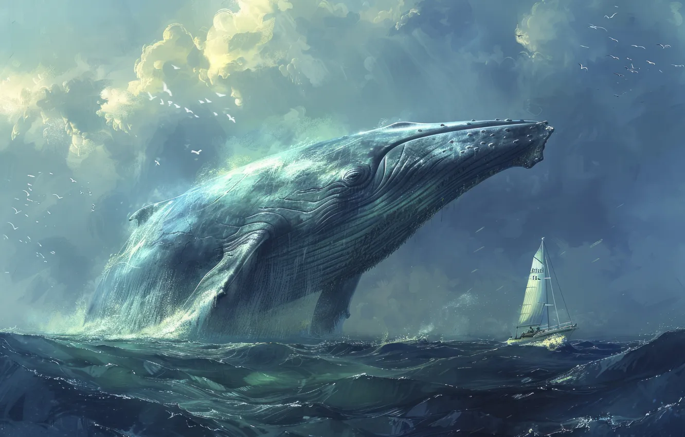 Photo wallpaper sea, clouds, yacht, kit, digital art, AI art, The Art of Artificial Intelligence, neural network