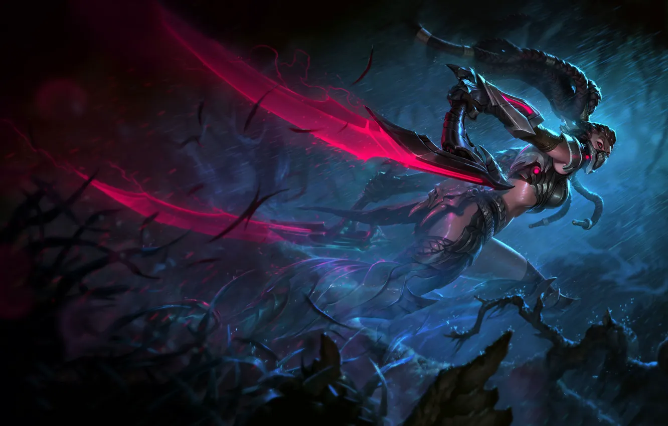 Photo wallpaper girl, rain, figure, armor, fantasy, art, running, girl