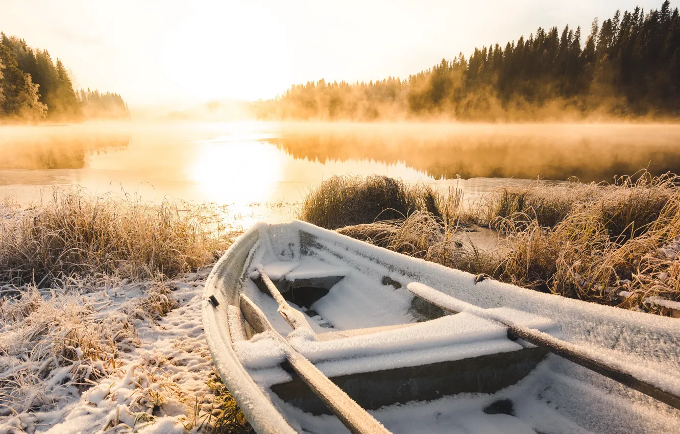 Photo wallpaper winter, frost, lake, boat, morning