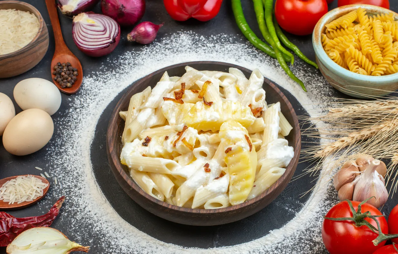 Photo wallpaper eggs, vegetables, flour, pasta