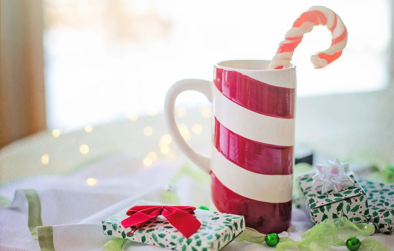 Photo wallpaper light, strip, tea, window, Christmas, mug, cane, gifts