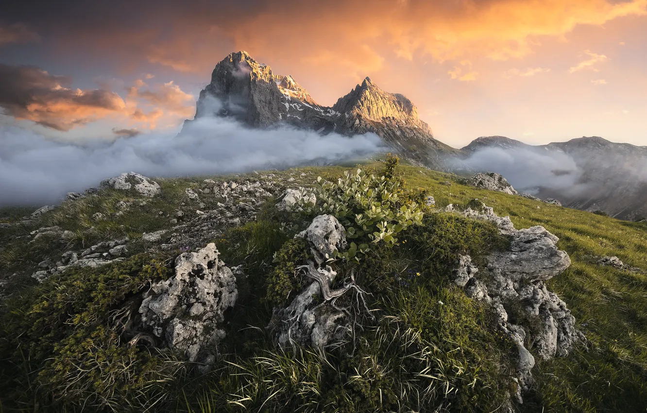 Photo wallpaper clouds, landscape, sunset, flowers, mountains, nature, stones, Italy