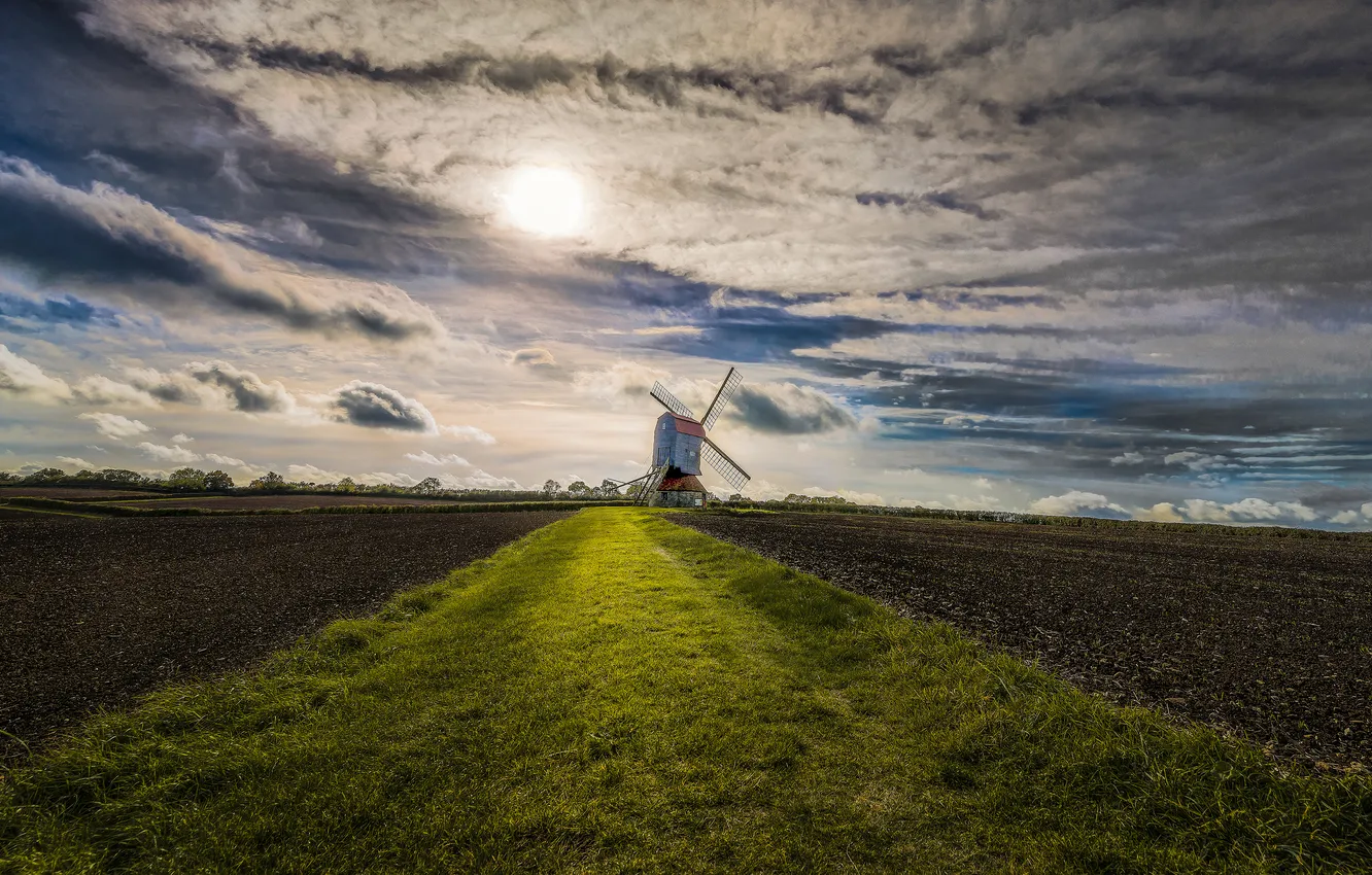 Photo wallpaper field, the sky, the sun, clouds, dal, windmill