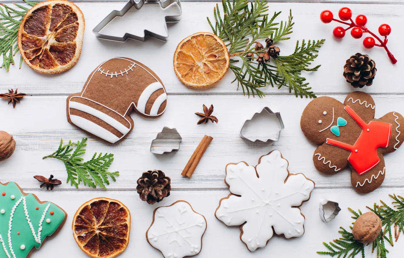 Photo wallpaper berries, holiday, new year, cookies, citrus, treat, fir-tree branches