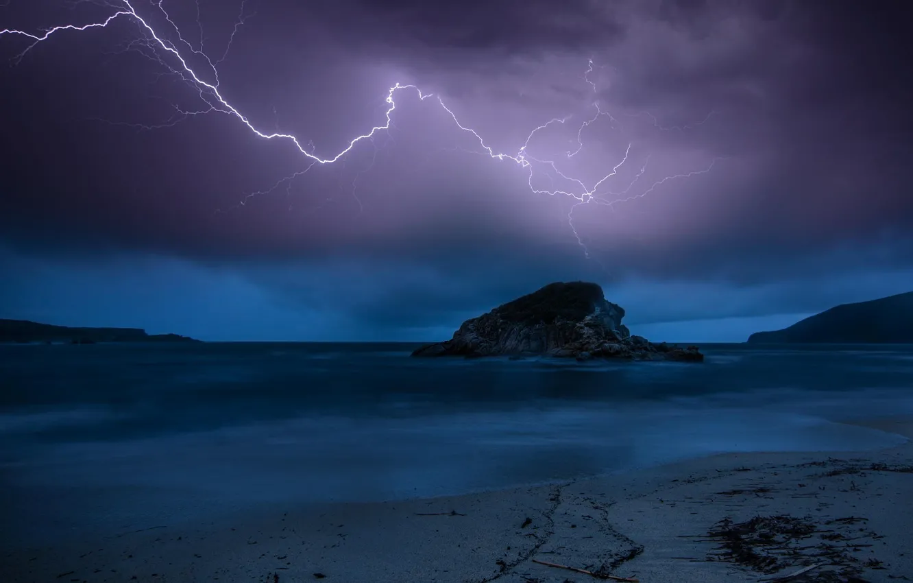 Photo wallpaper sea, the storm, beach, night, nature, rocks, lightning, twilight