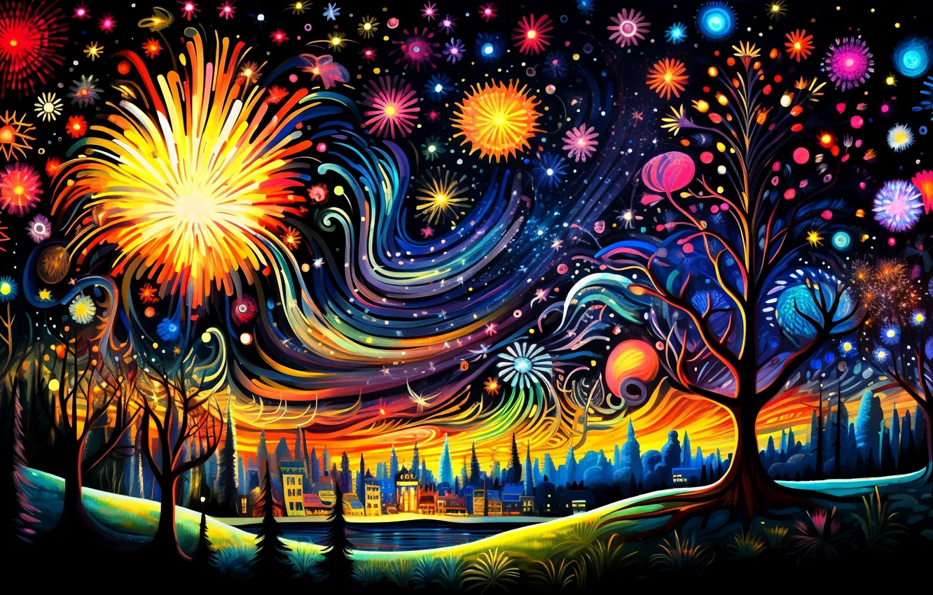 Photo wallpaper night, the city, lights, the dark background, holiday, graphics, building, new year