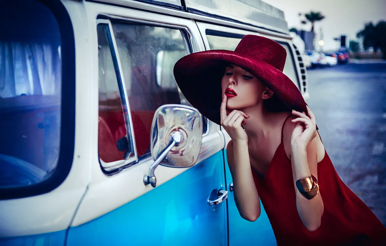 Photo wallpaper girl, pose, style, model, hat, hands, minibus, the mirror
