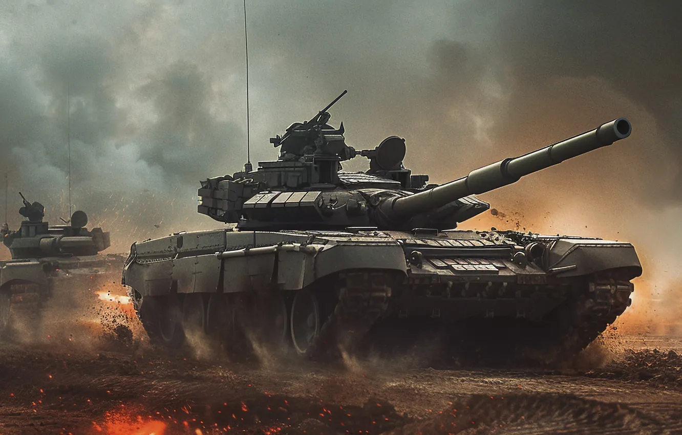 Photo wallpaper smoke, tank, digital art, AI art, The Art of Artificial Intelligence, War and conflict zone, …