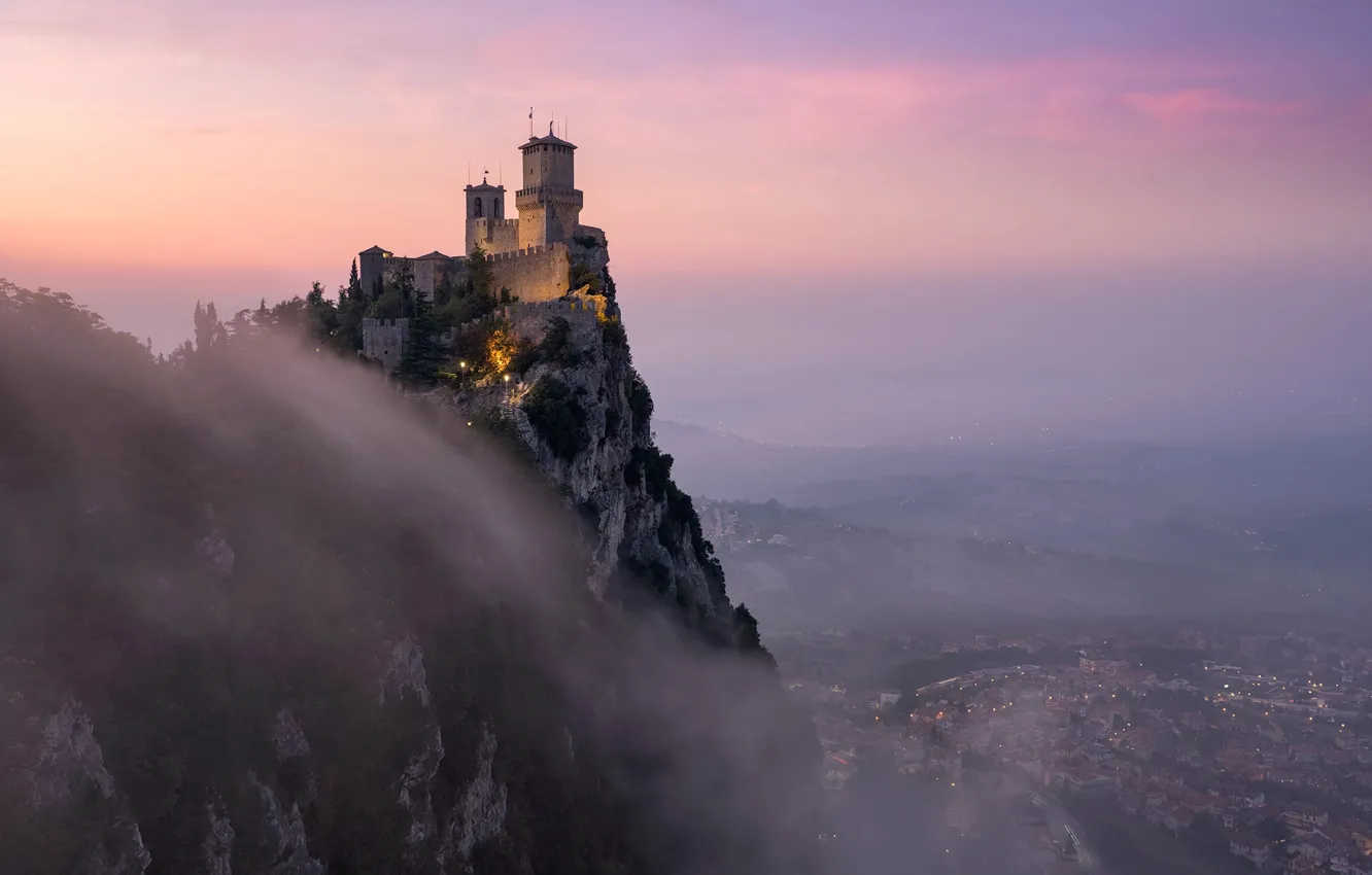 Photo wallpaper fog, castle, rocks, morning, on the edge