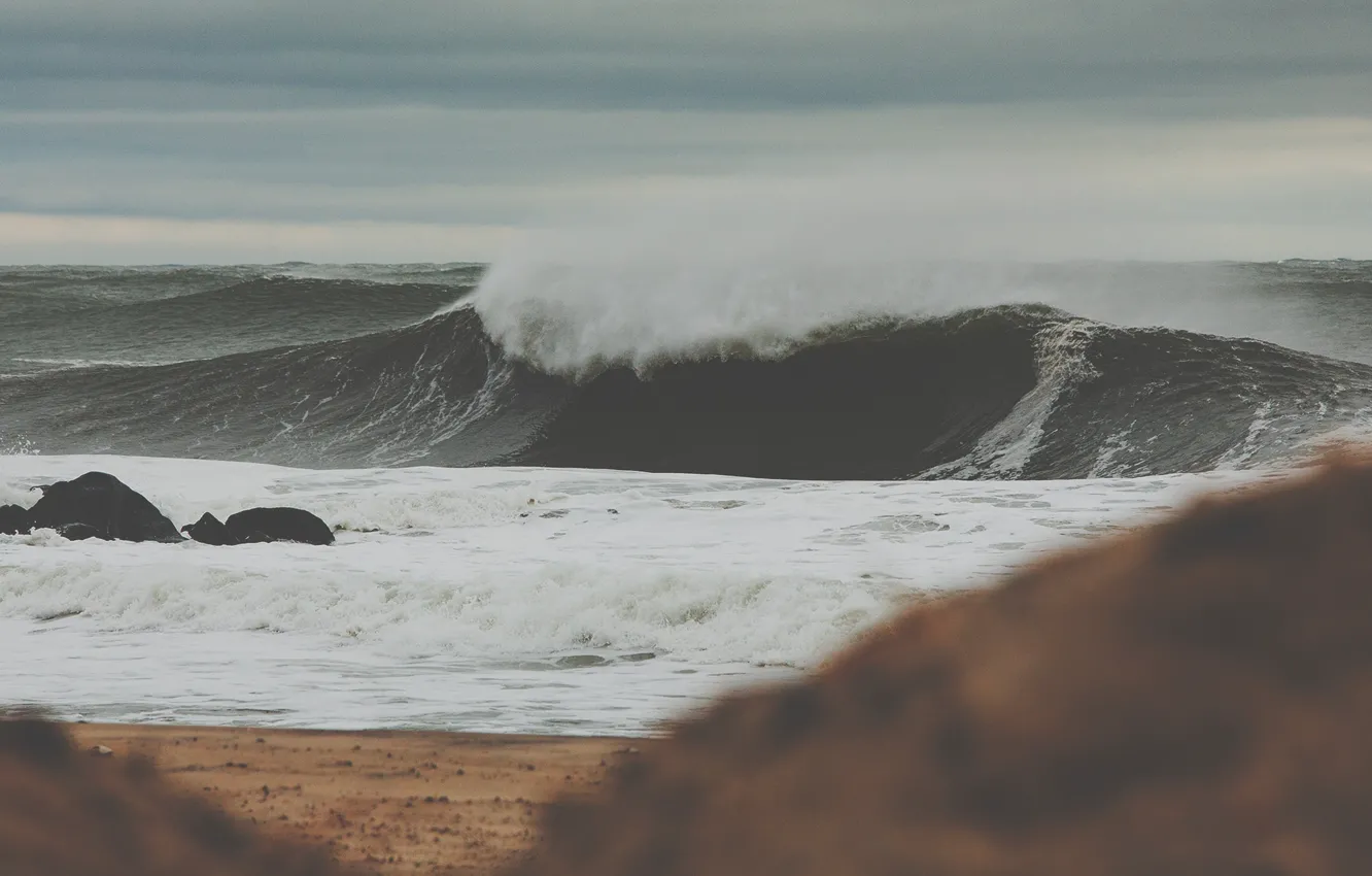 Photo wallpaper sea, wave, storm, overcast, shore