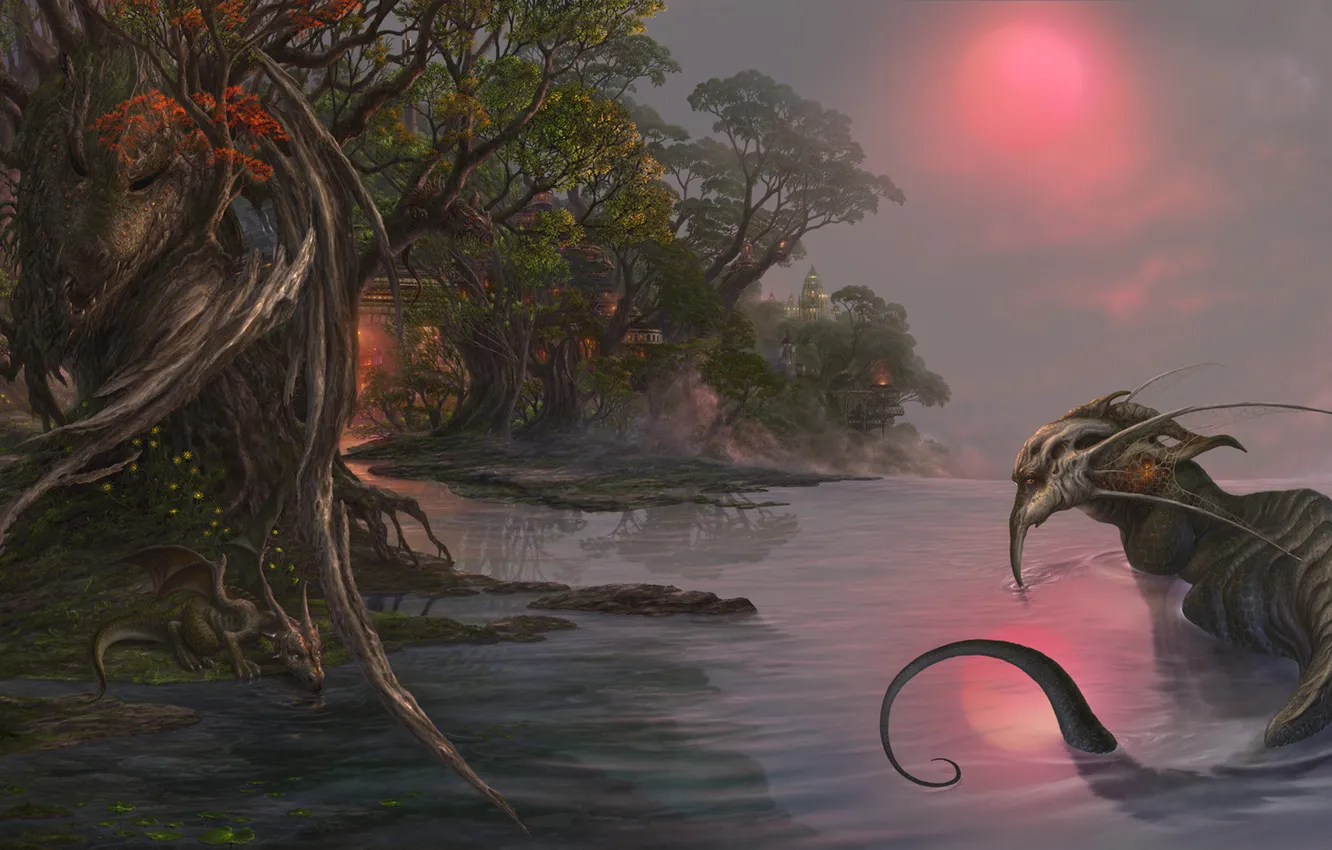 Photo wallpaper forest, night, river, fantasy, the moon, dragon, art, dragon