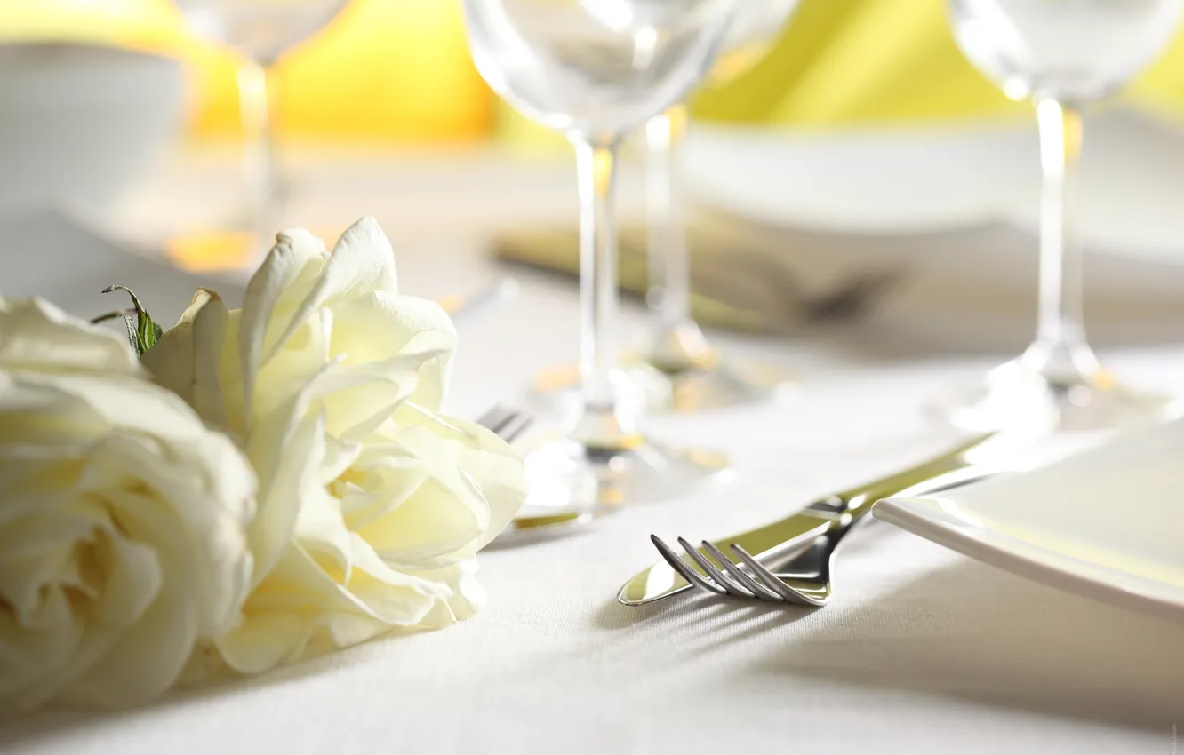 Photo wallpaper flowers, roses, devices, knife, plug, serving