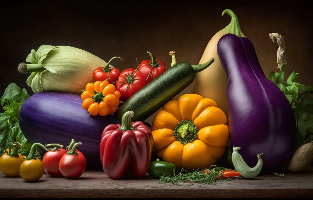 Photo wallpaper greens, bright, Board, food, corn, harvest, eggplant, pepper