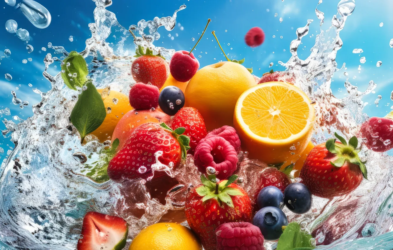 Photo wallpaper water, squirt, berries, fruit, neural network