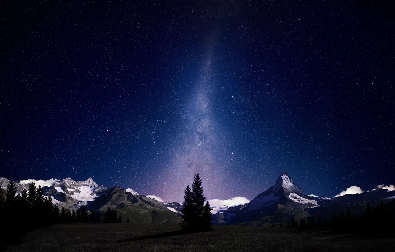 Photo wallpaper stars, light, trees, mountains, night, meadow, the beauty of nature