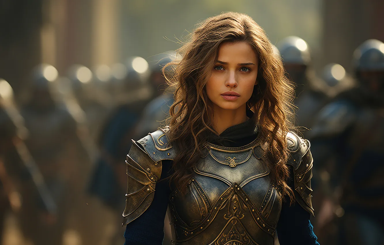 Photo wallpaper sadness, look, girl, people, armor, fantasy, brown hair, battle