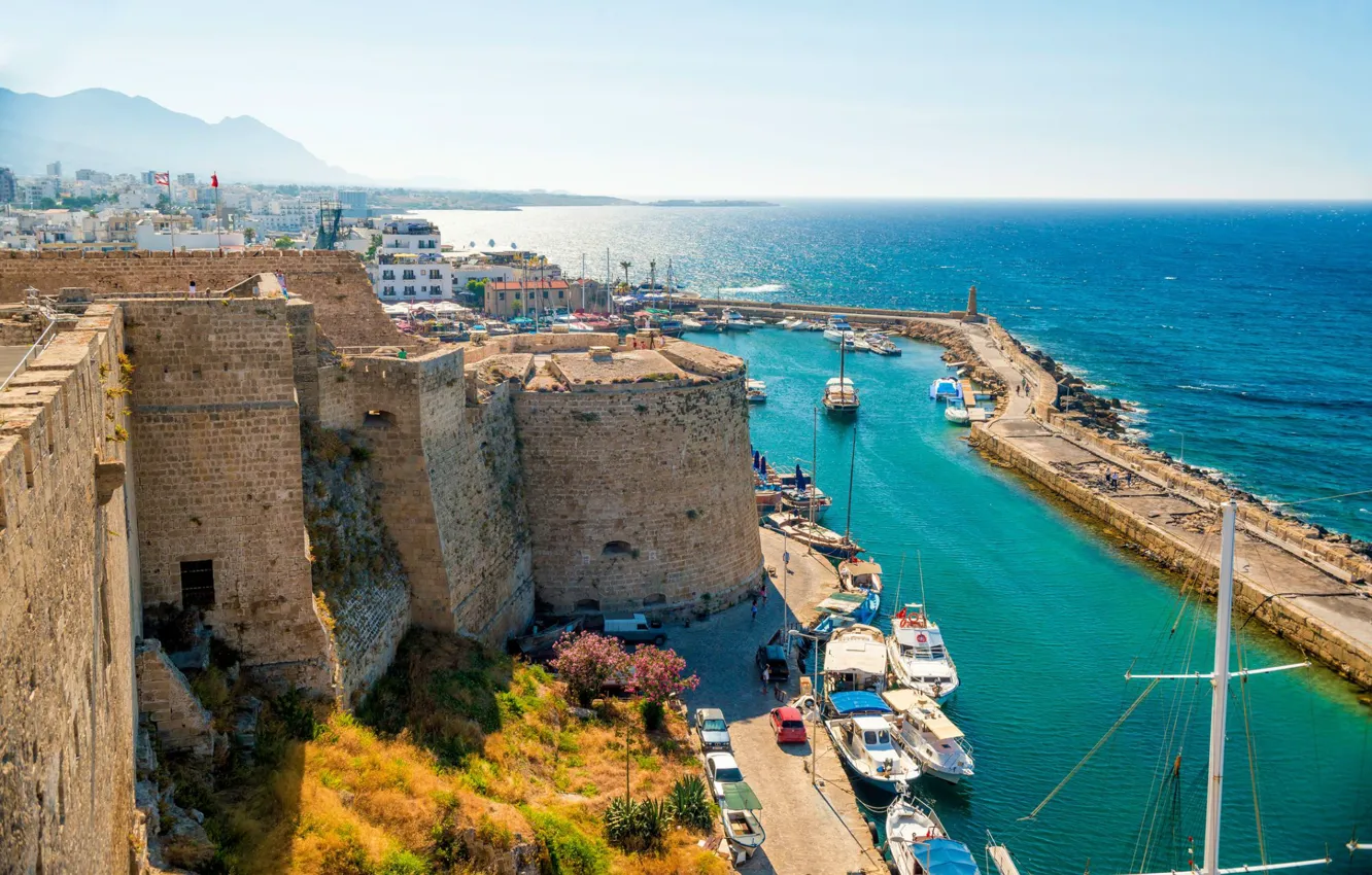 Photo wallpaper sea, boat, Cyprus, Kyrenia fortress