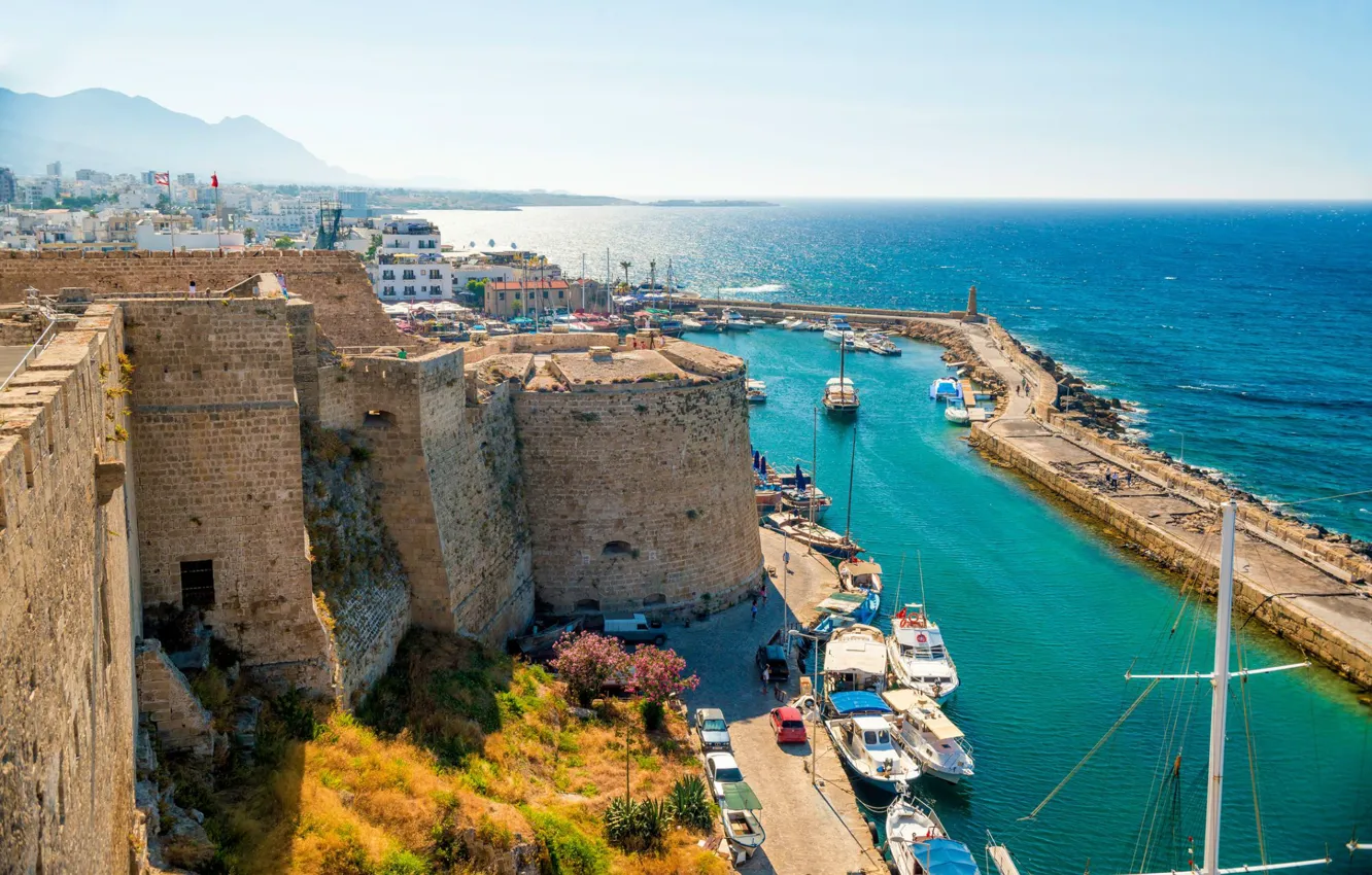 Photo wallpaper sea, boats, Cyprus, Kyrenia fortress