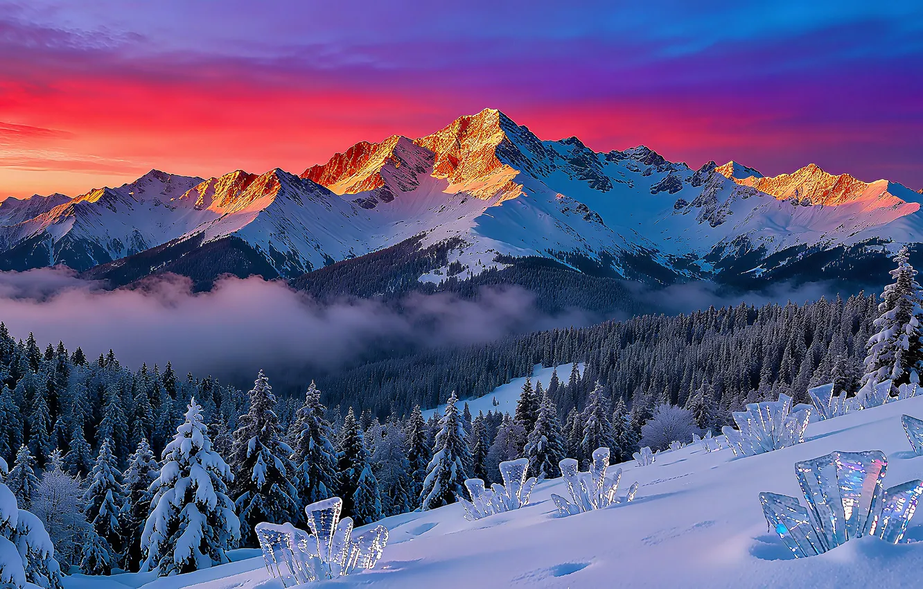 Photo wallpaper ice, forest, landscape, nature, winter, mountains, snow