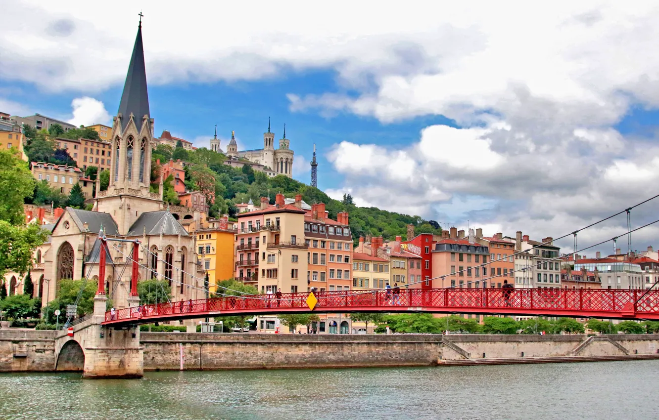 Photo wallpaper bridge, river, France, building, hill, Church, promenade, France