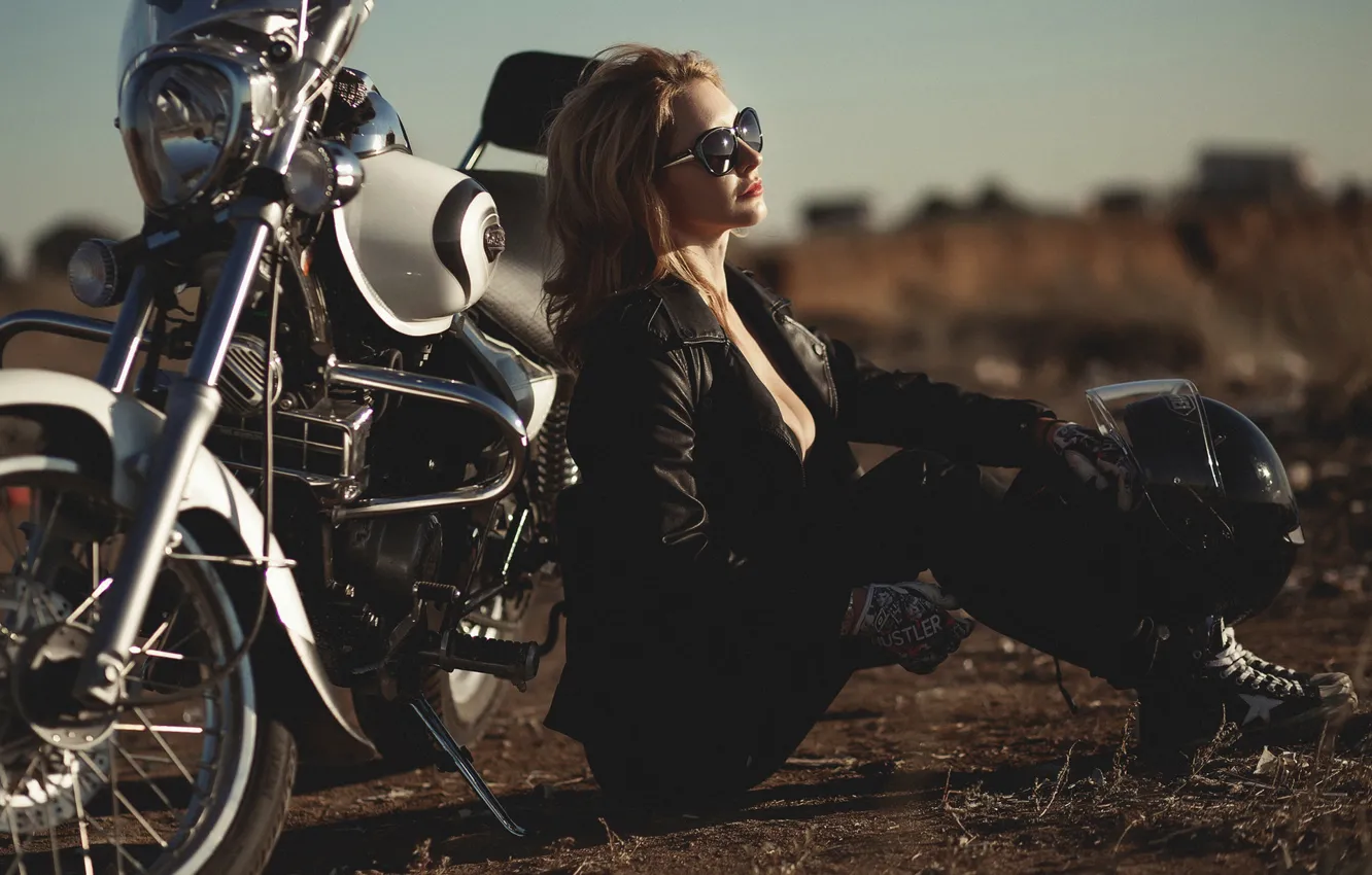 Photo wallpaper girl, pose, sneakers, glasses, jacket, motorcycle, helmet, Marina Cooper