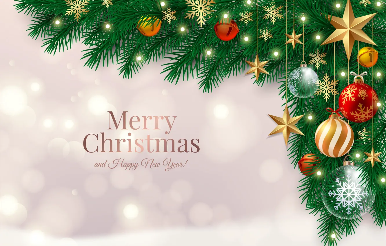 Photo wallpaper stars, balls, snowflakes, background, balls, new year, Christmas, spruce branches