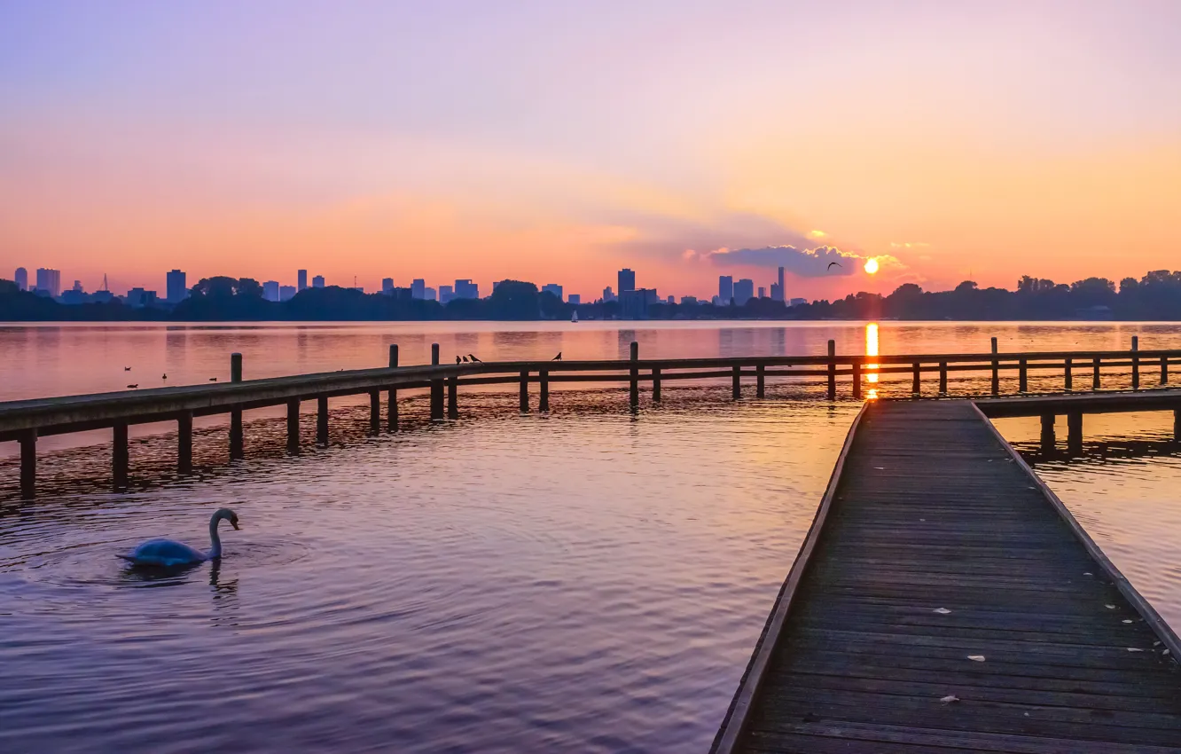 Photo wallpaper the sky, the sun, clouds, light, landscape, sunset, bridge, the city