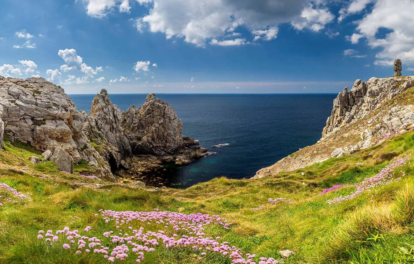 Photo wallpaper sea, flowers, France, Brittany, Pointe de Pen-Hir, The monument to the Bretons of Free France