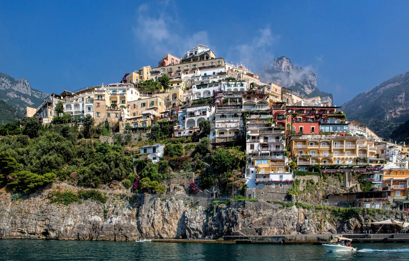 Photo wallpaper the sky, clouds, mountains, home, slope, Italy, Positano, Salerno