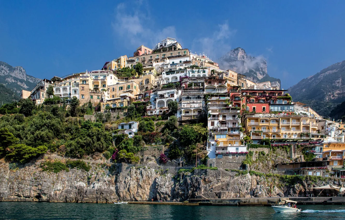 Photo wallpaper the sky, clouds, mountain, home, slope, Italy, Positano, Salerno