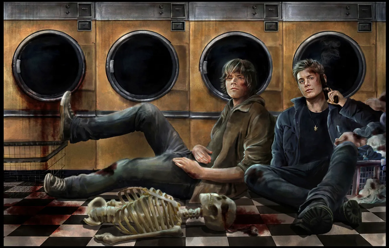 Photo wallpaper look, gun, weapons, blood, art, skeleton, floor, truck