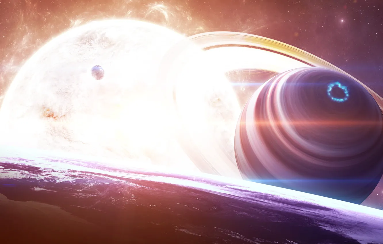 Photo wallpaper space, stars, light, fiction, planet, satellite, ring, art