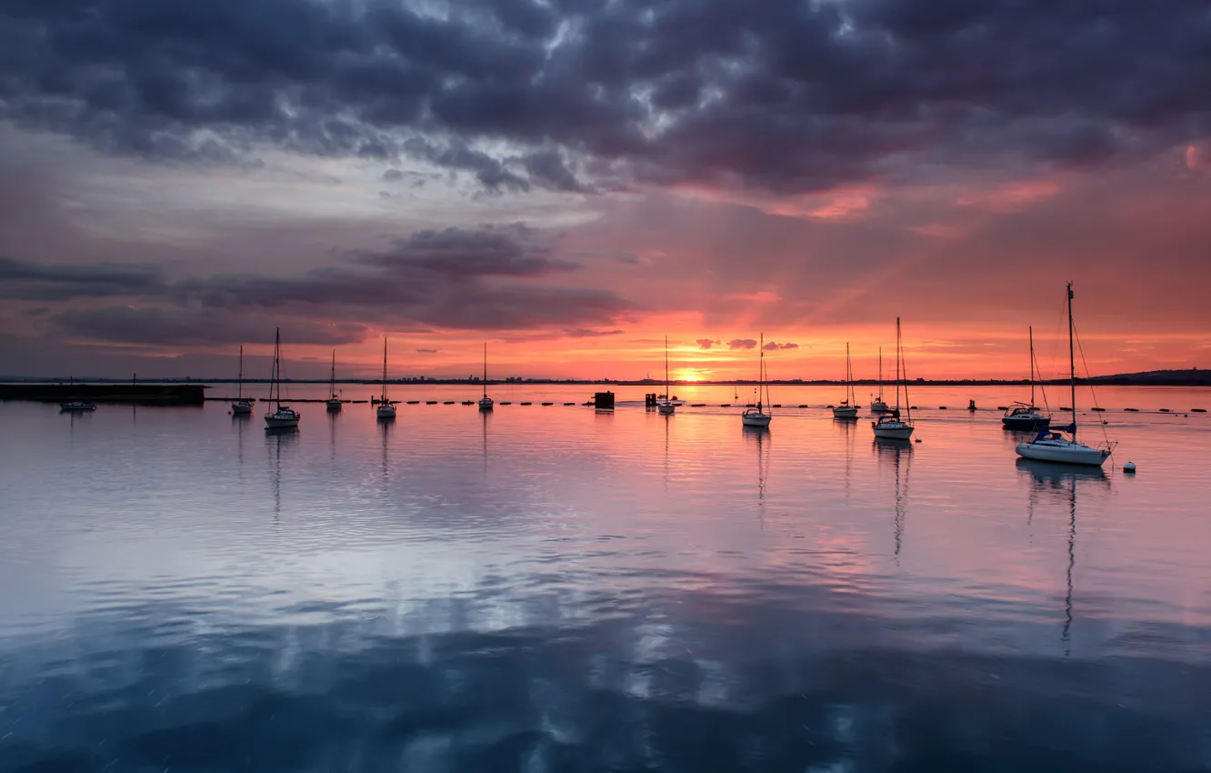 Photo wallpaper the sky, clouds, sunset, orange, reflection, England, yachts, the evening