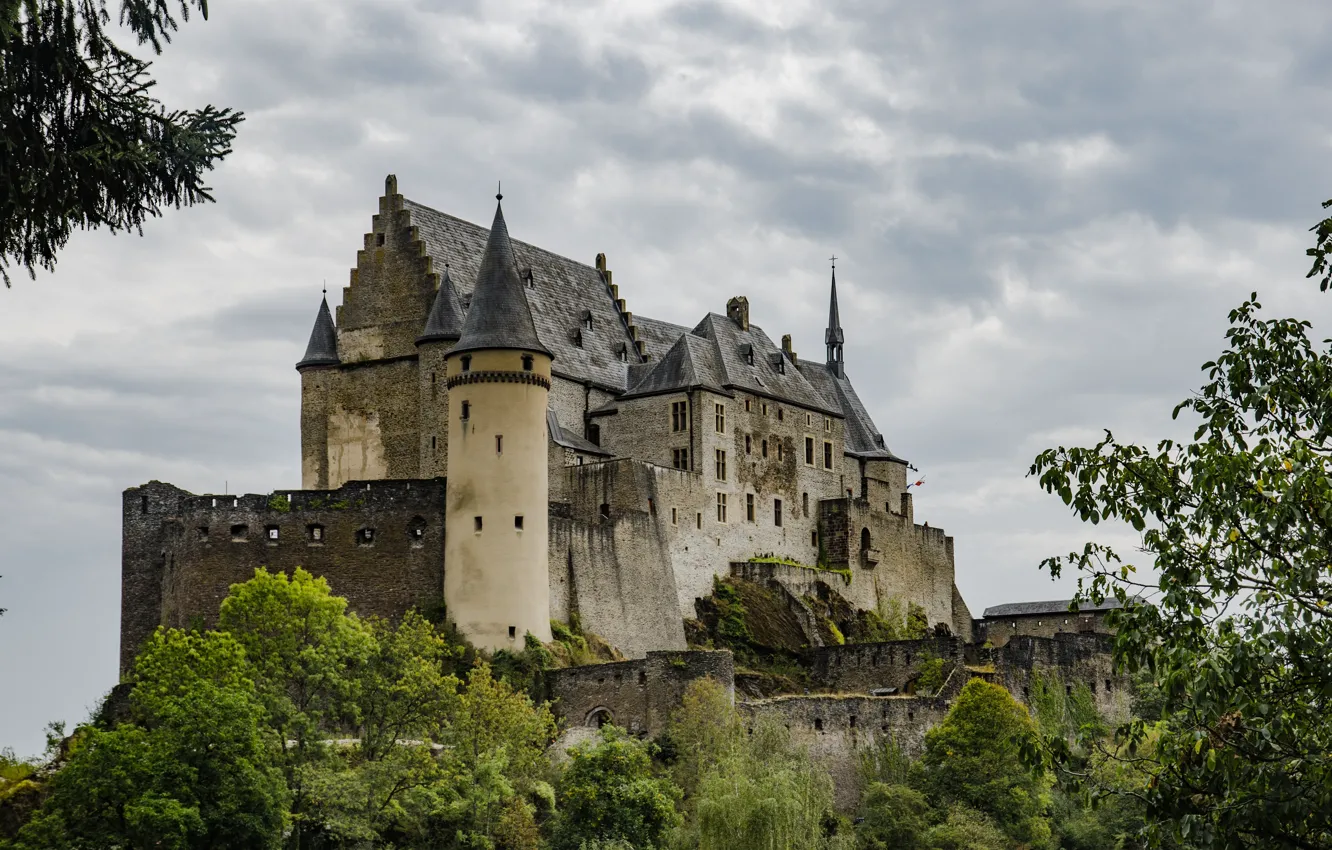 Photo wallpaper the sky, trees, clouds, Luxembourg, Luxembourg, Vianden Castle, medieval architecture, Vianden Castle