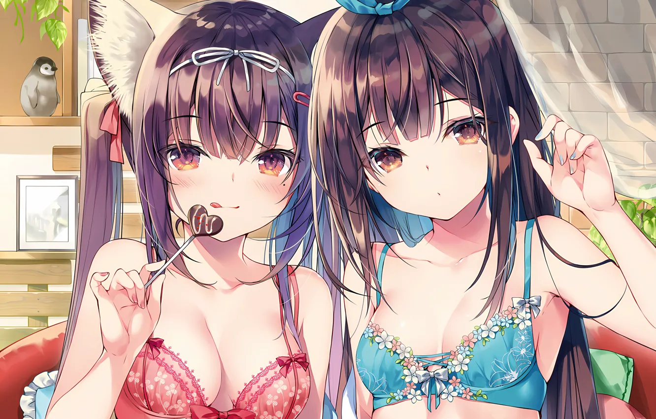 Photo wallpaper sexy, lingerie, bra, cleavage, long hair, girls, brown hair, boobs