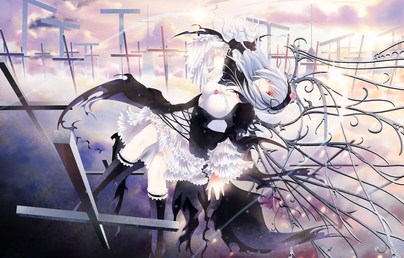 Photo wallpaper look, girl, flight, smile, wings, cross, rozen maiden, suigintou