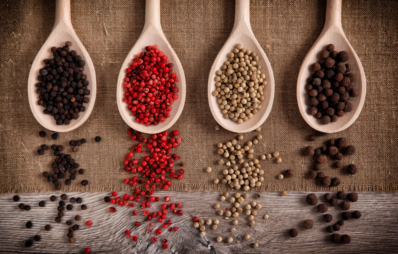 Photo wallpaper red, black, polka dot, red, pepper, black, spices, spoon