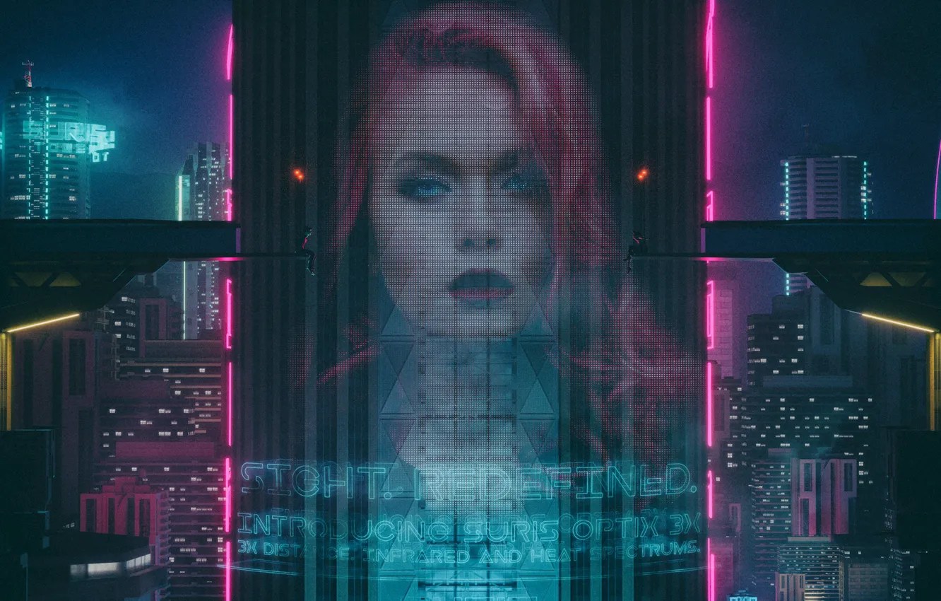 Photo wallpaper girl, night, the city, style, neon, style, Neon, sci-fi
