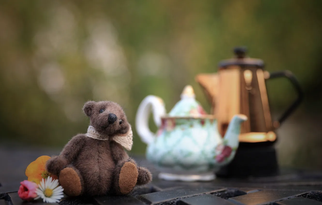 Photo wallpaper childhood, background, toy, kettle, bear, bear, the tea party, dishes
